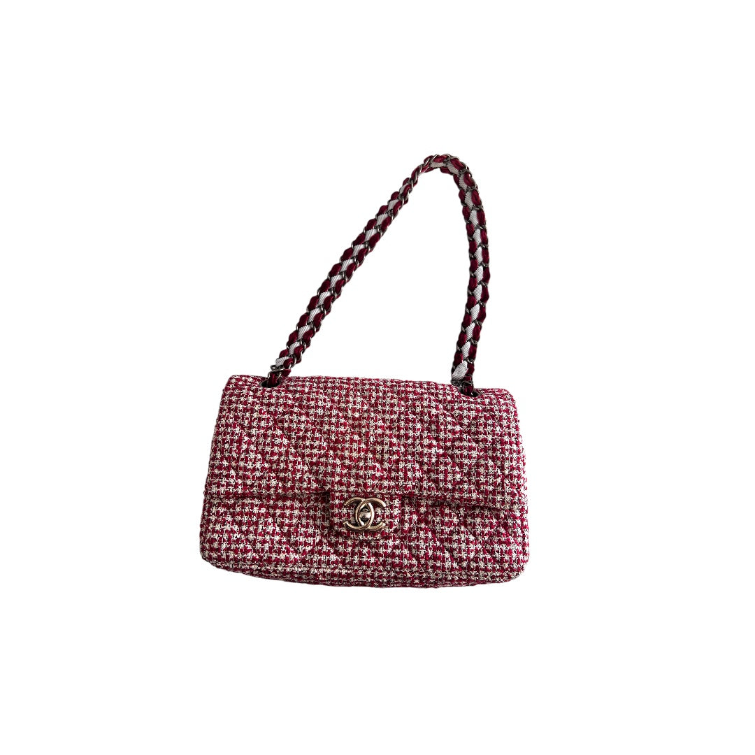 Chanel red velvet chain double flap tweed bag