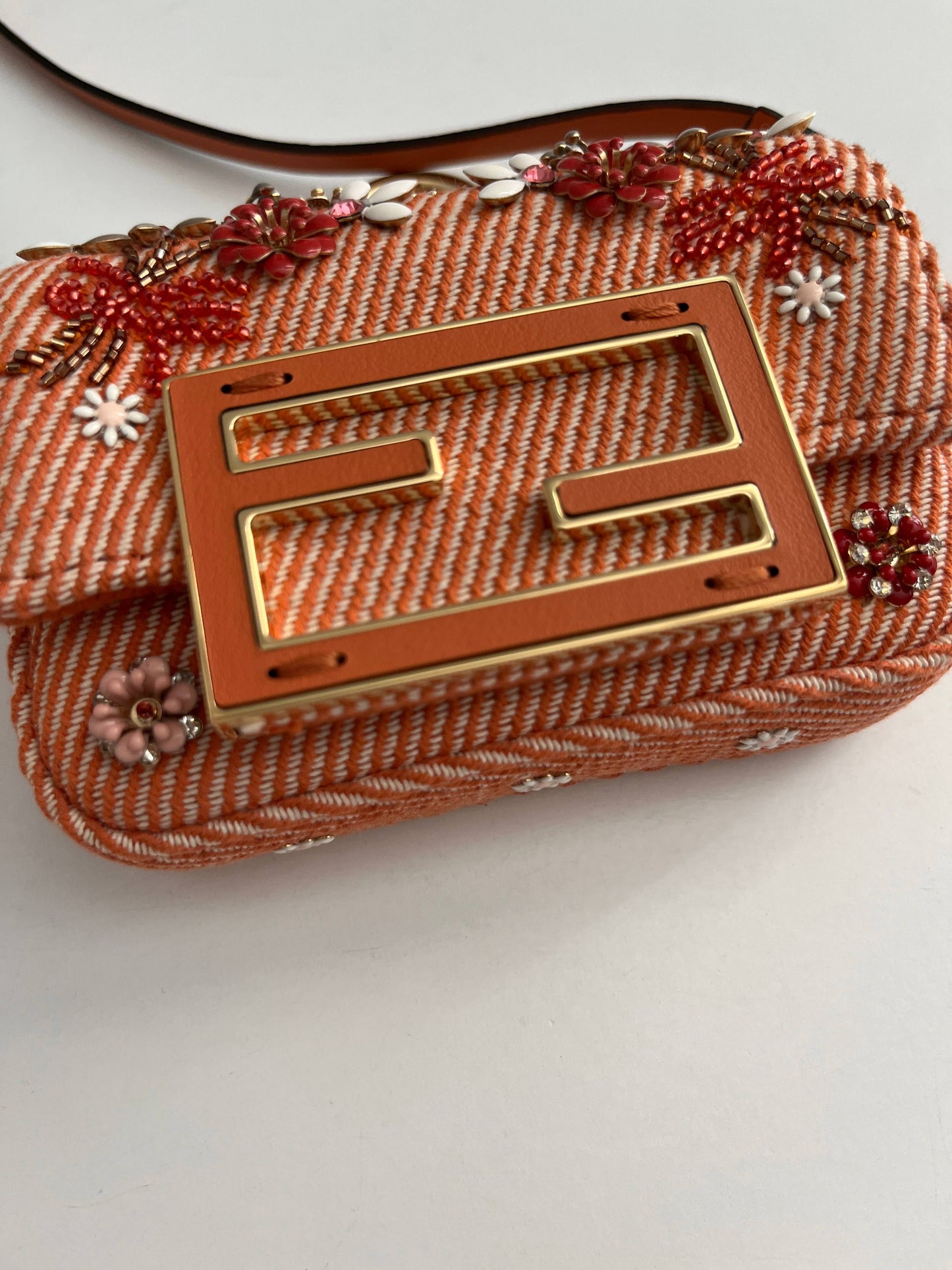 Fendi Baguette nano orange denim beaded shoulder bag