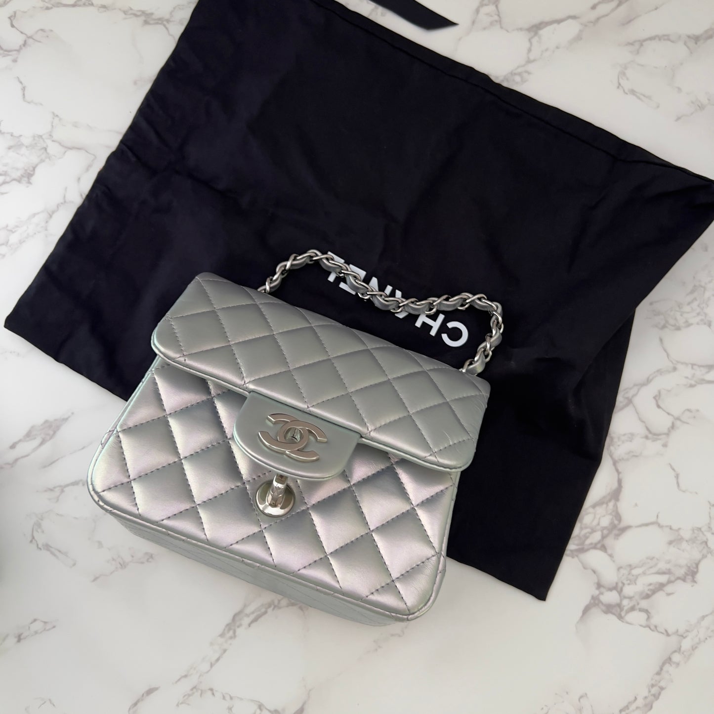 Chanel Silver Iridescent Classic Square Flap Bag