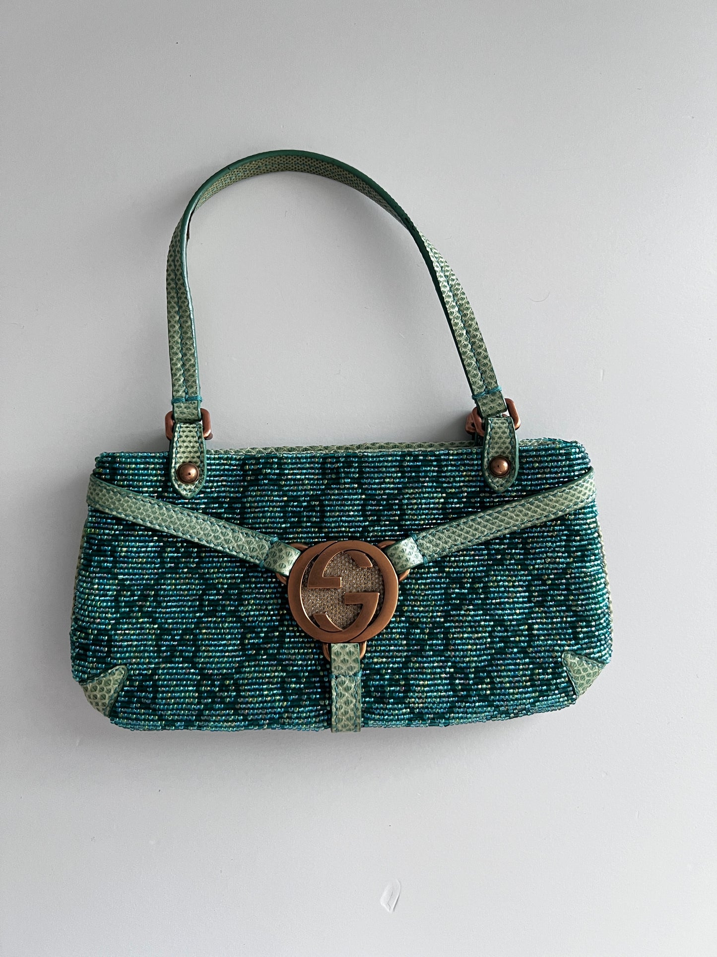 Gucci Turquoise GG Nonogram Crystals beaded lizard skin bag