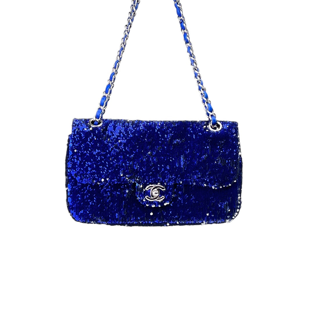 Chanel Blue marine sequin medium size single flap bag