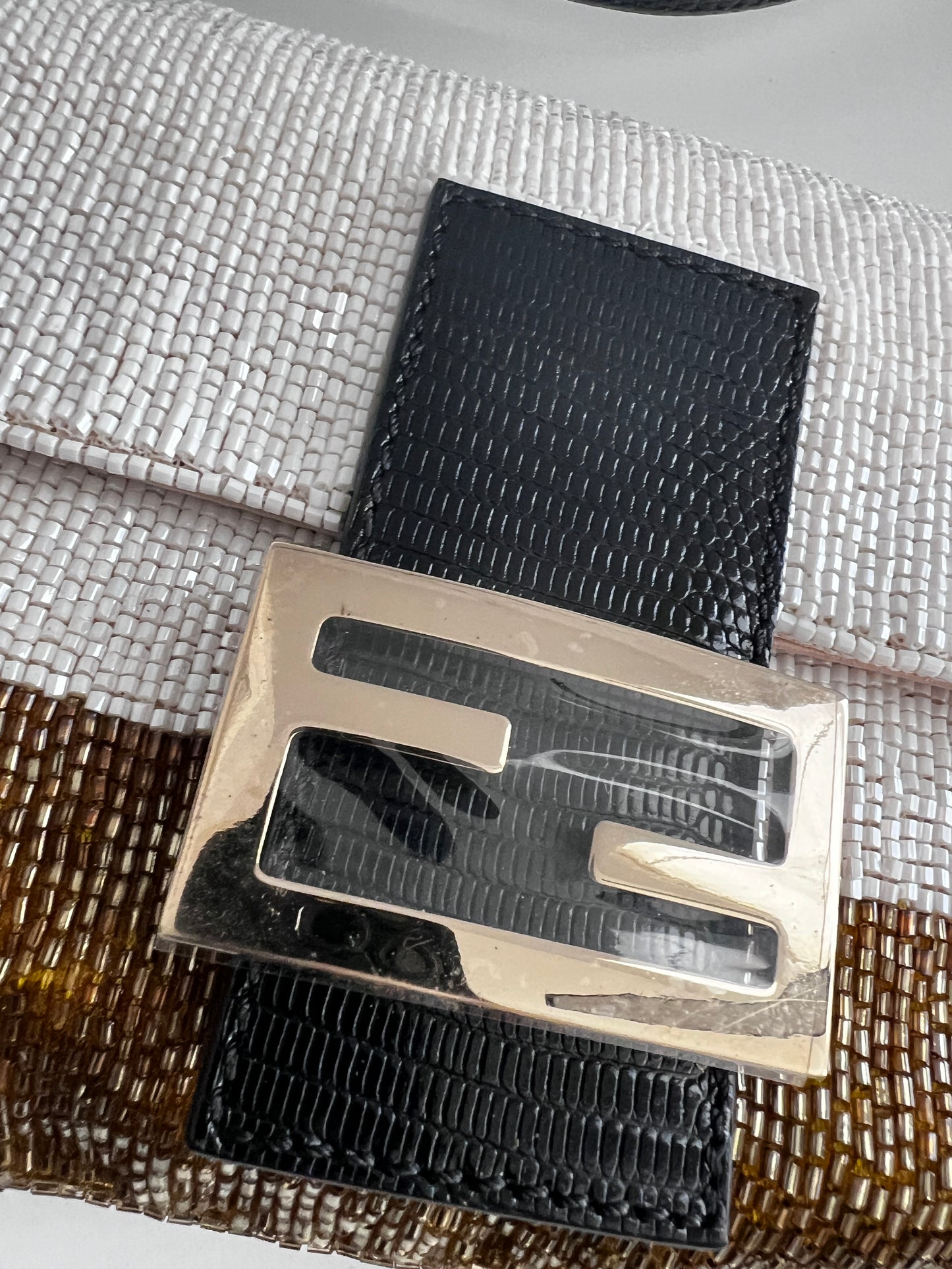 Fendi white & gold beaded lizard baguette