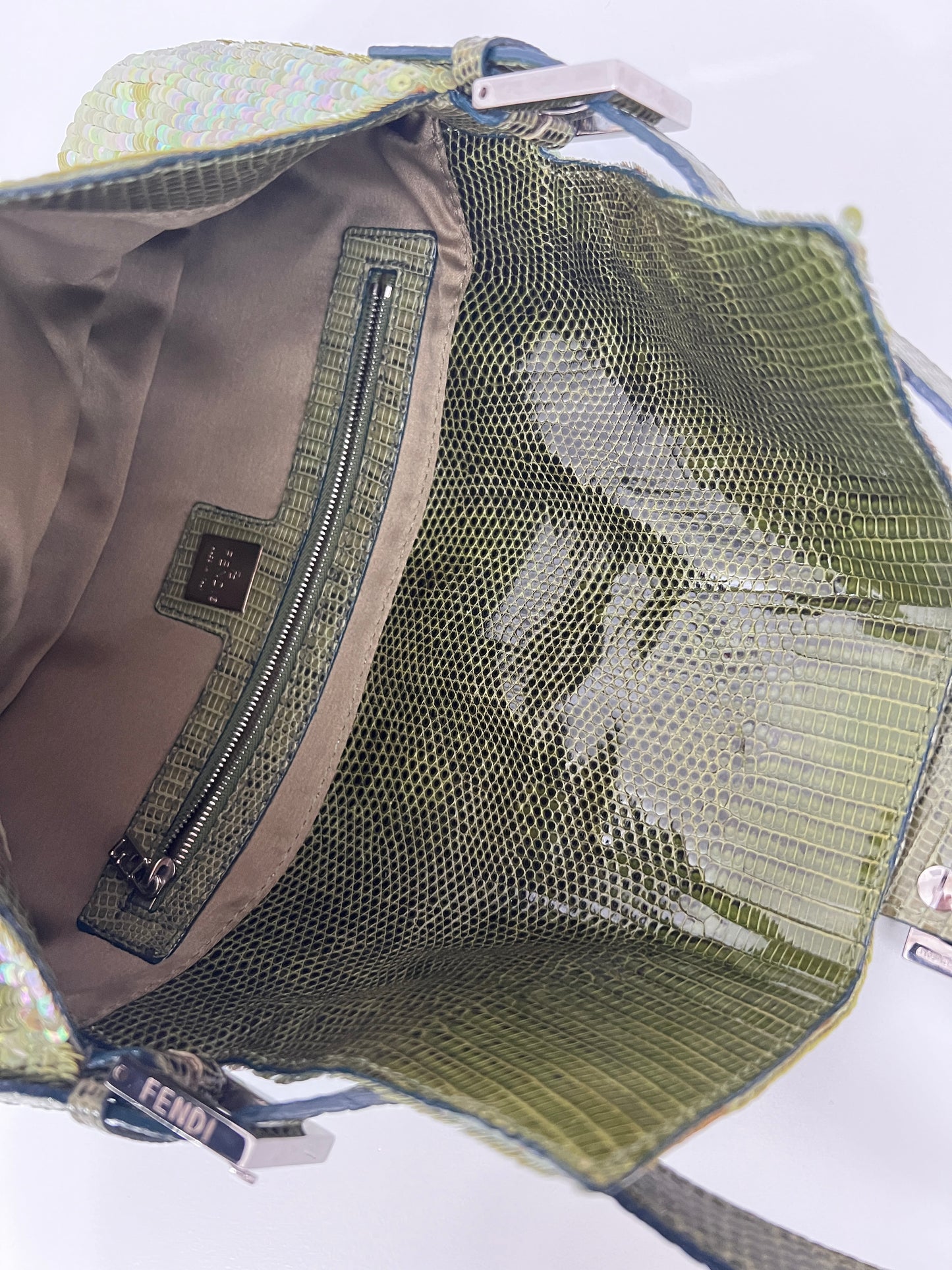 Fendi green sequin lizard trimmed Baguette