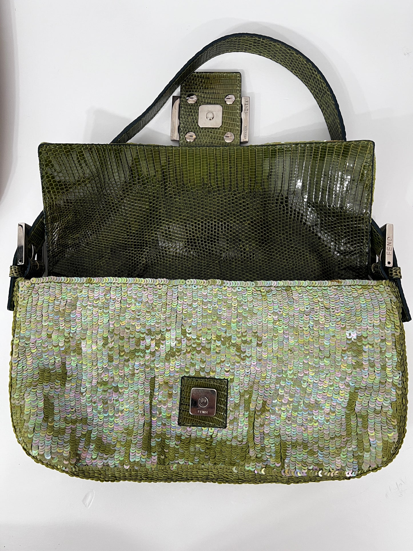 Fendi green sequin lizard trimmed Baguette