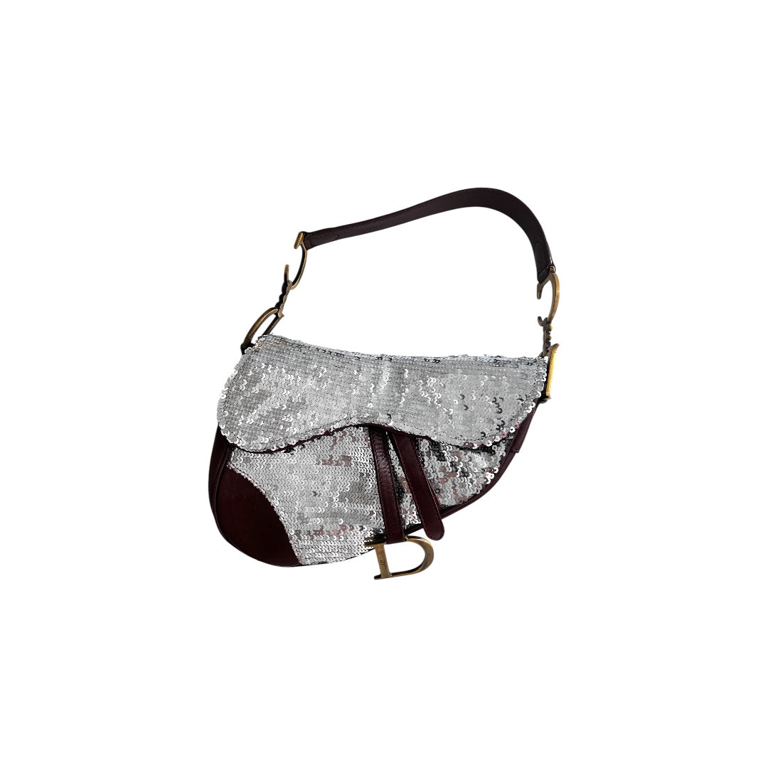 Vintage Dior silver sequin leather saddle bag