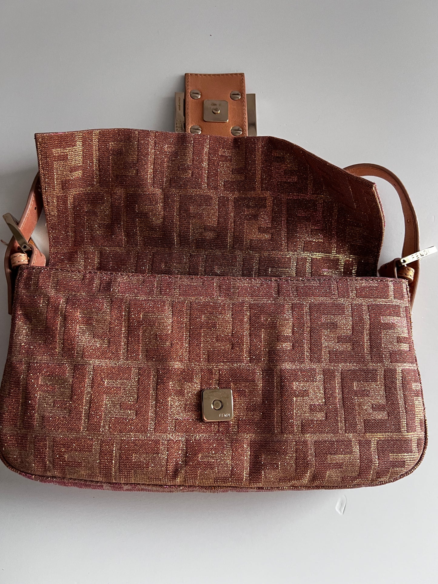 Fendi peach glitter zucca baguette