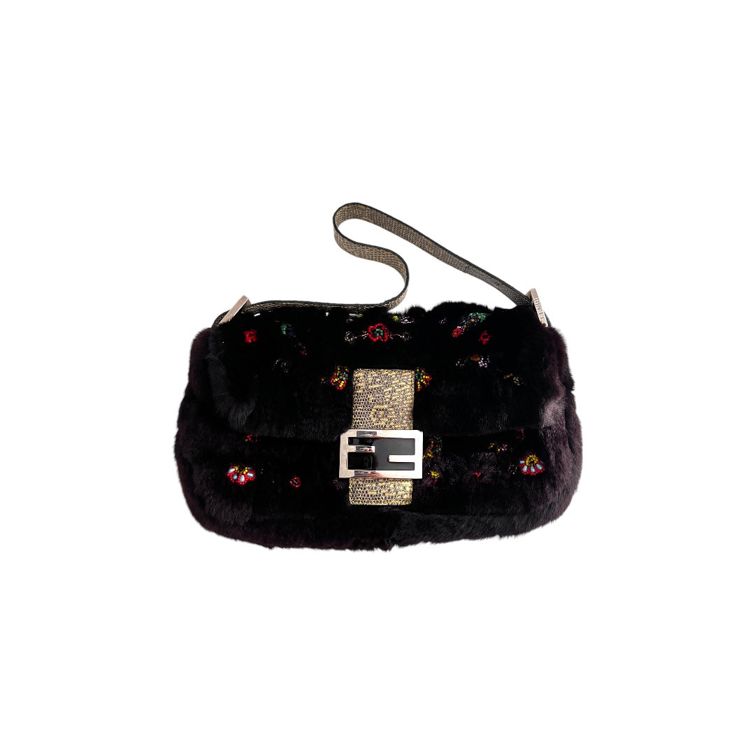 Fendi rabbit fur floral embroidery beaded baguette
