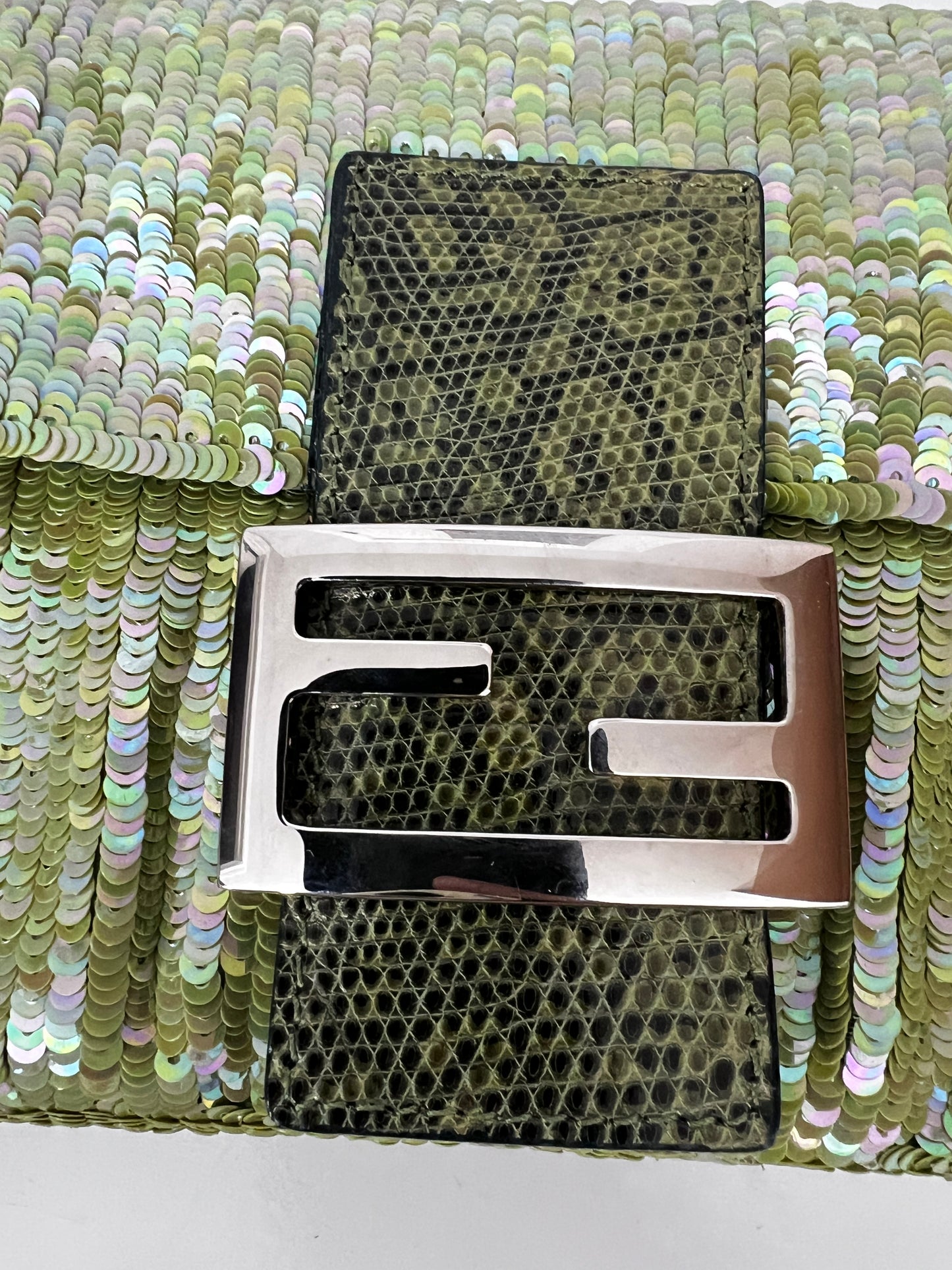 Fendi green sequin lizard trimmed Baguette