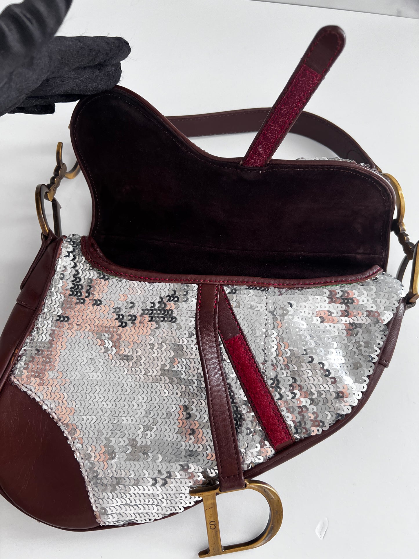 Vintage Dior silver sequin leather saddle bag