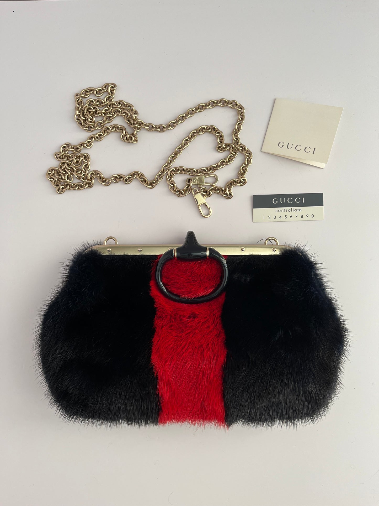 Gucci black and red stripes fur shoulder bag