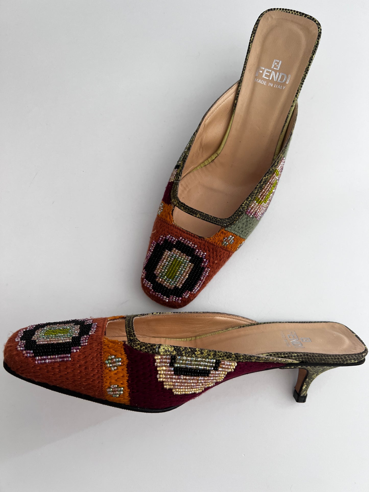 Vintage Fendi Boho Beaded Mule Heels