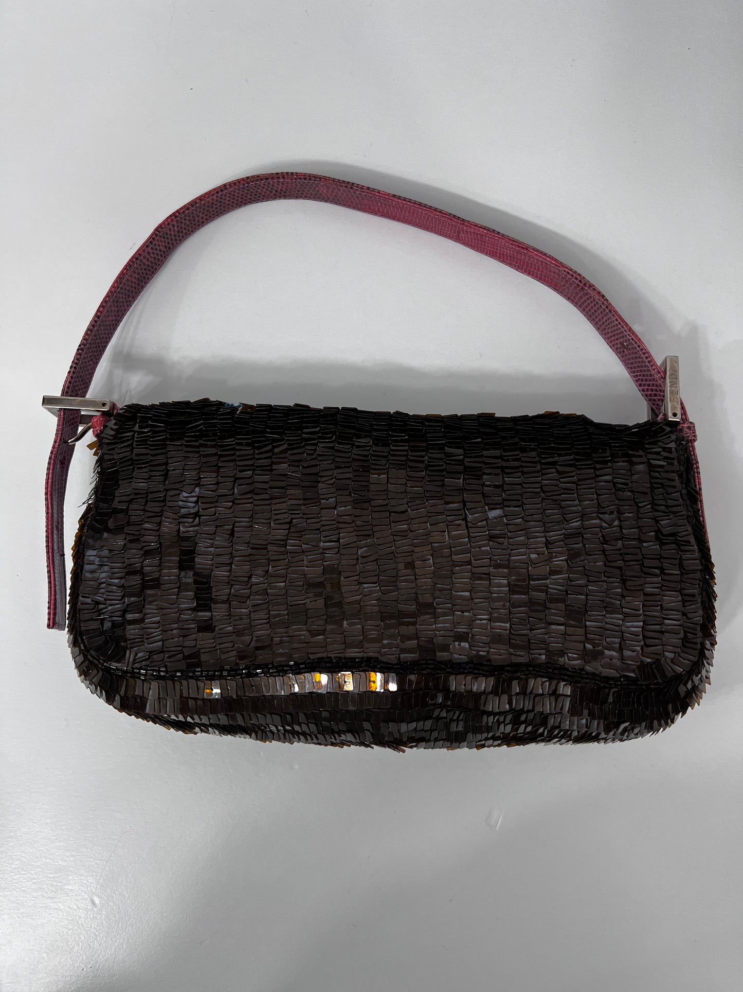 Fendi brown sequin blue stripe baguette