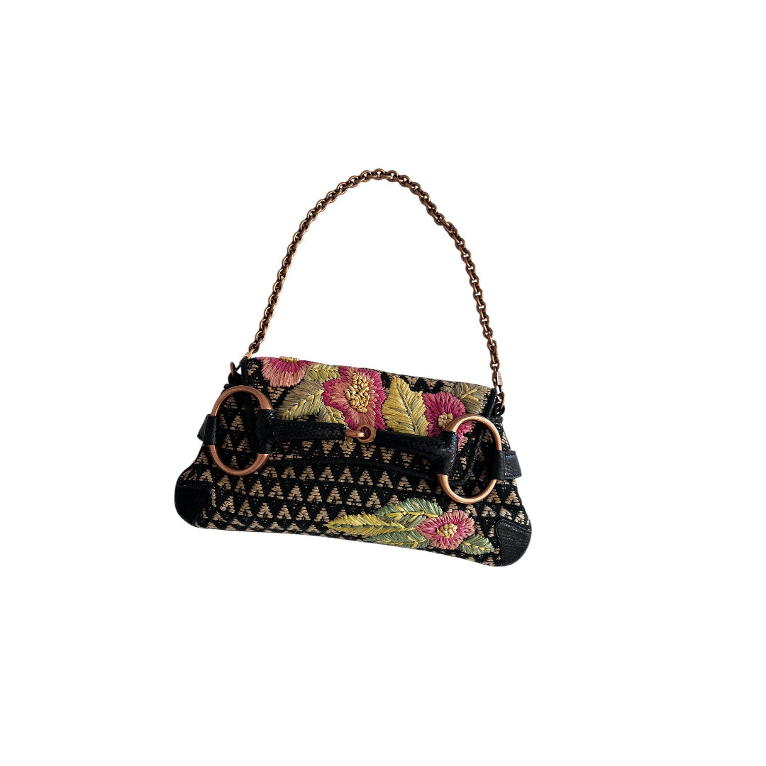 Vintage Gucci Raffia Embroidered Horsebit Chain Bag Medium