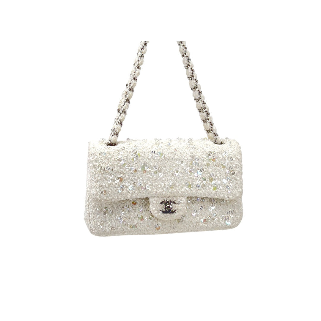 Chanel rain drop white tweed sequin double flap