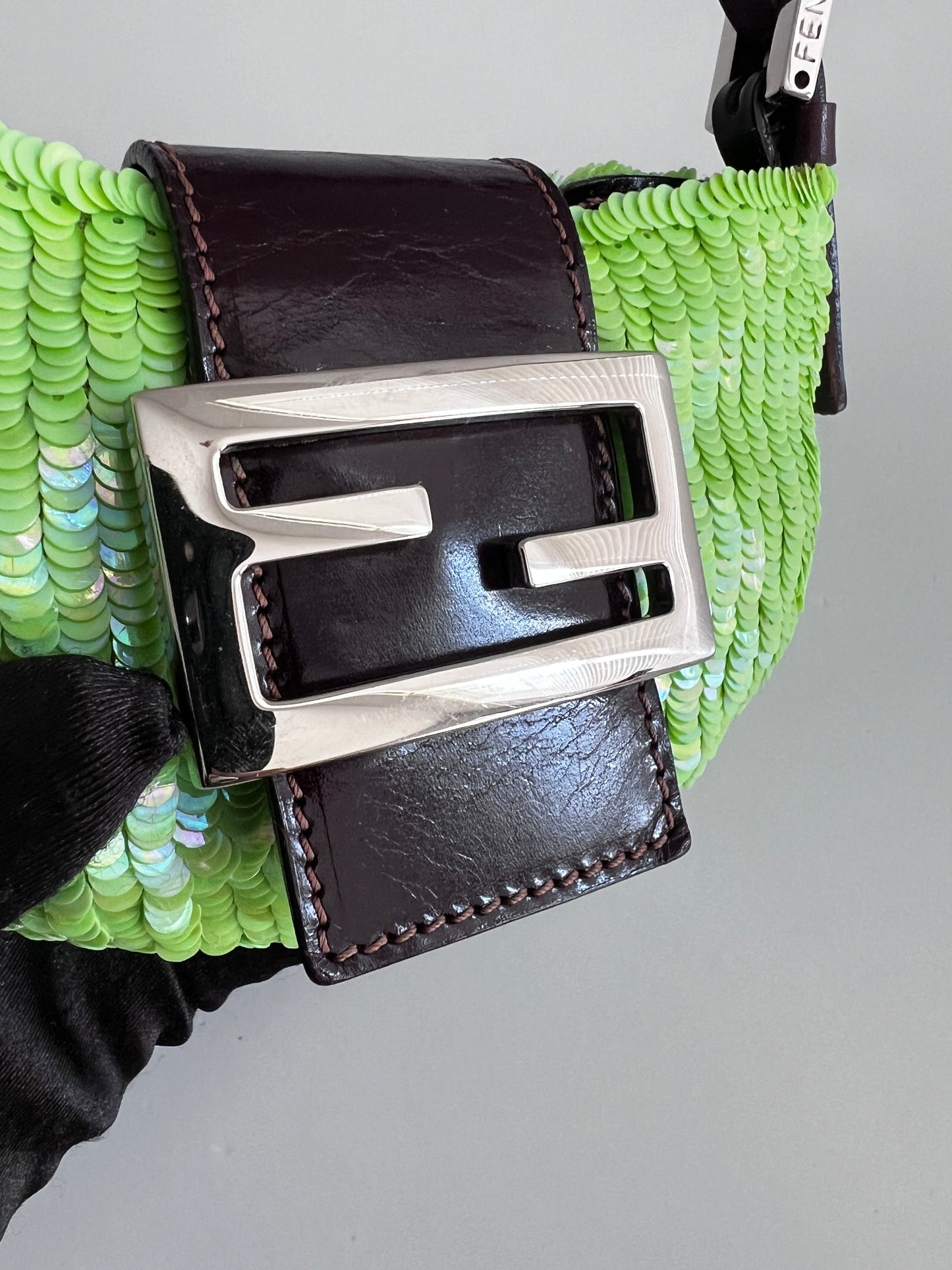 Vintage neon green small sequin croissant bag