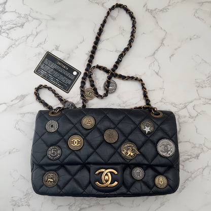 Chanel Vintage Black Quilted Leather Lucky Charms Medium Flap Bag