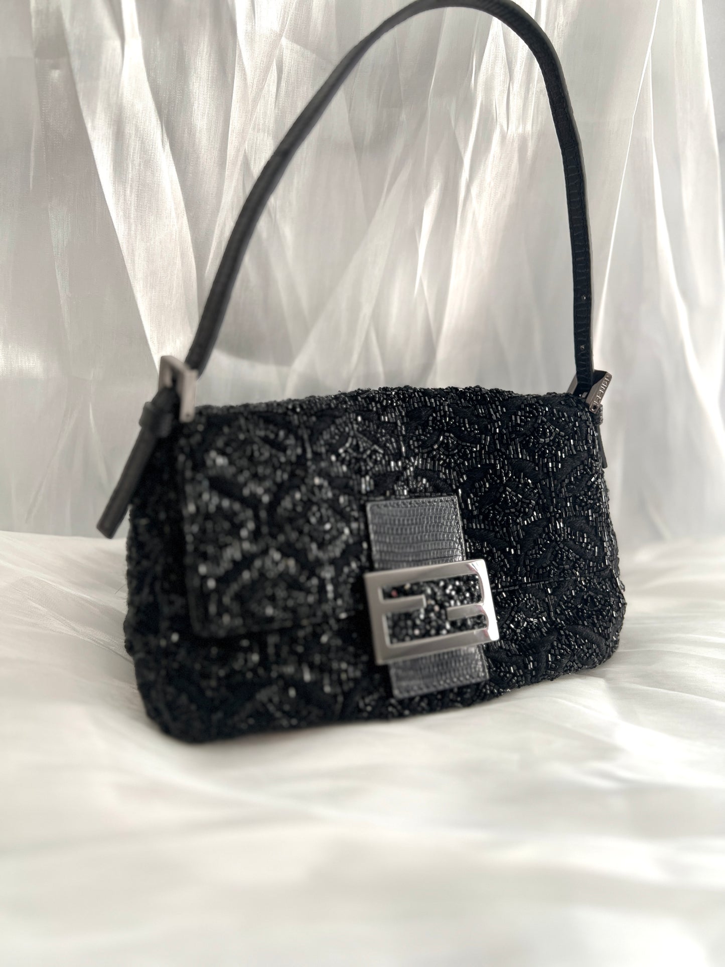 Fendi black rose pattern beaded mini mamma baguette