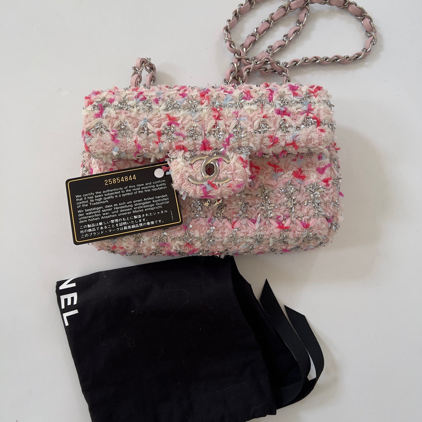 CHANEL Tweed Quilted Mini Rectangular Flap Light Pink Silver