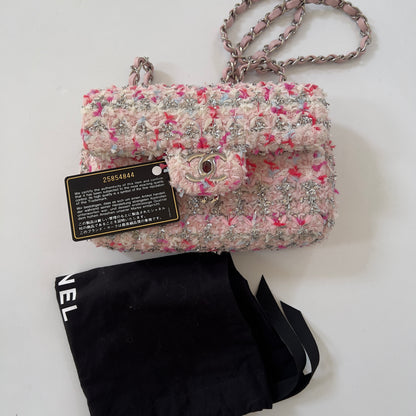 CHANEL Tweed Quilted Mini Rectangular Flap Light Pink Silver