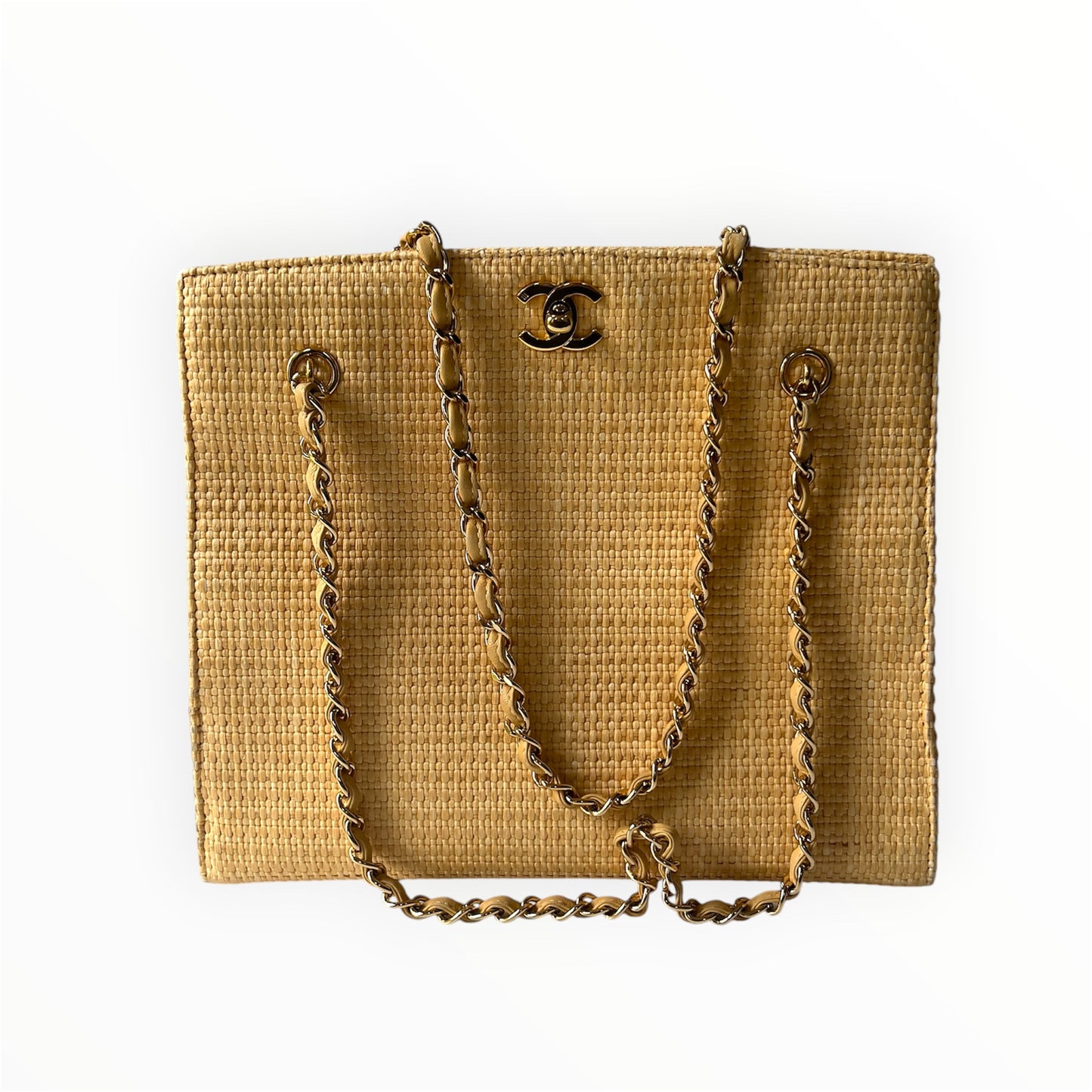Vintage Chanel 90s CC Logo Chain Shoulder Bag Cream Gold Straw