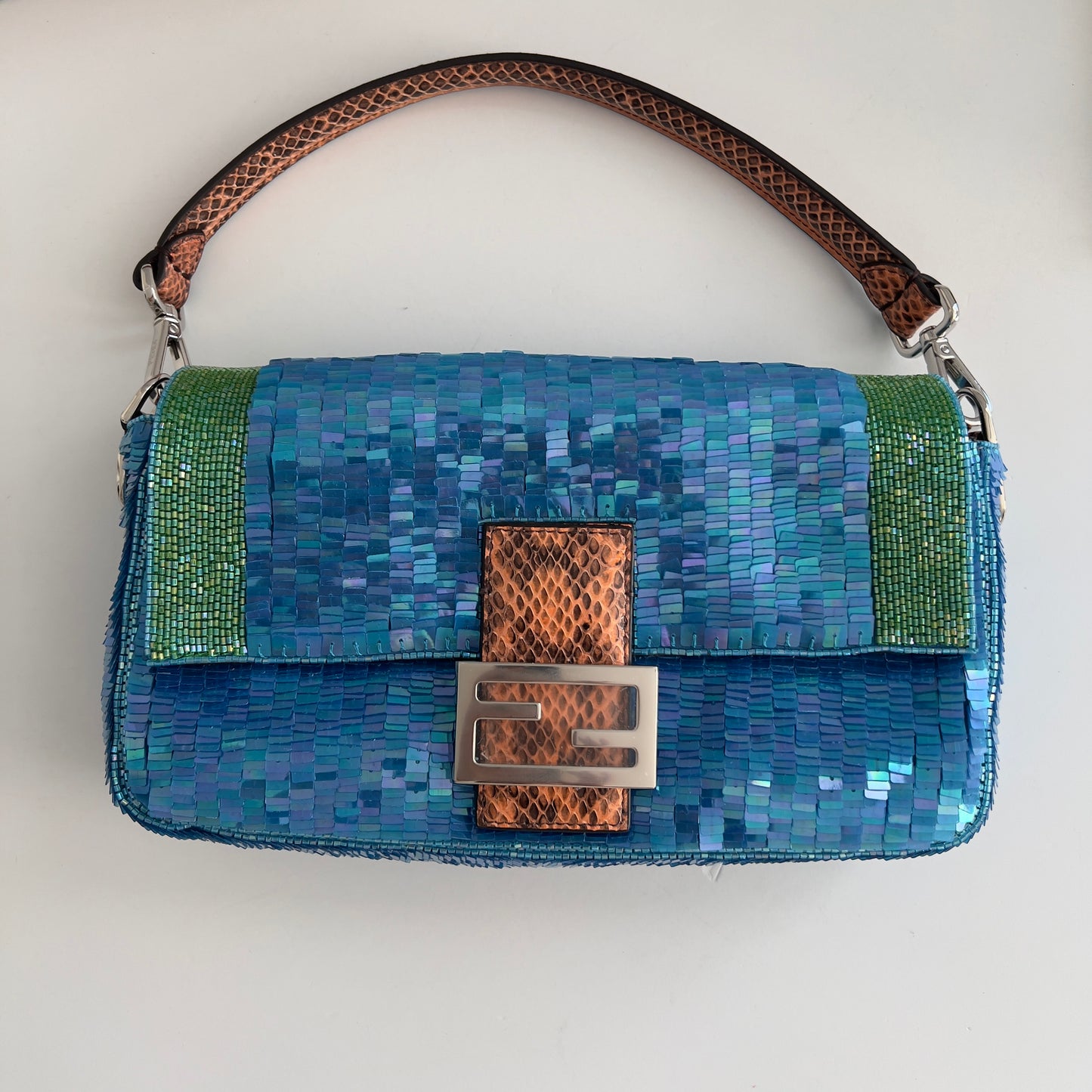 Fendi Reissue Green Stripe Blue Sequin Baguette