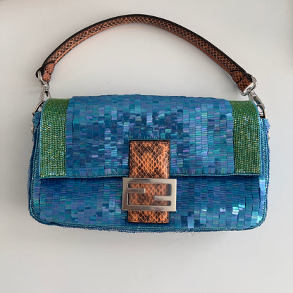 Fendi Reissue Green Stripe Blue Sequin Baguette