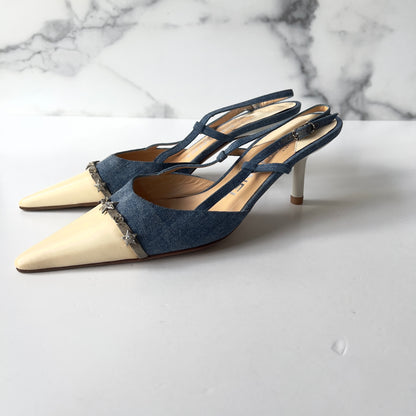 NWOT! Chanel Blue/Cream Denim Leather Crystal Embellished Pointed Toe Slingback Sandals Size6.5