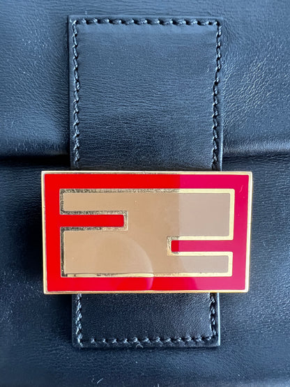 Fendi black leather enamel buckle baguette