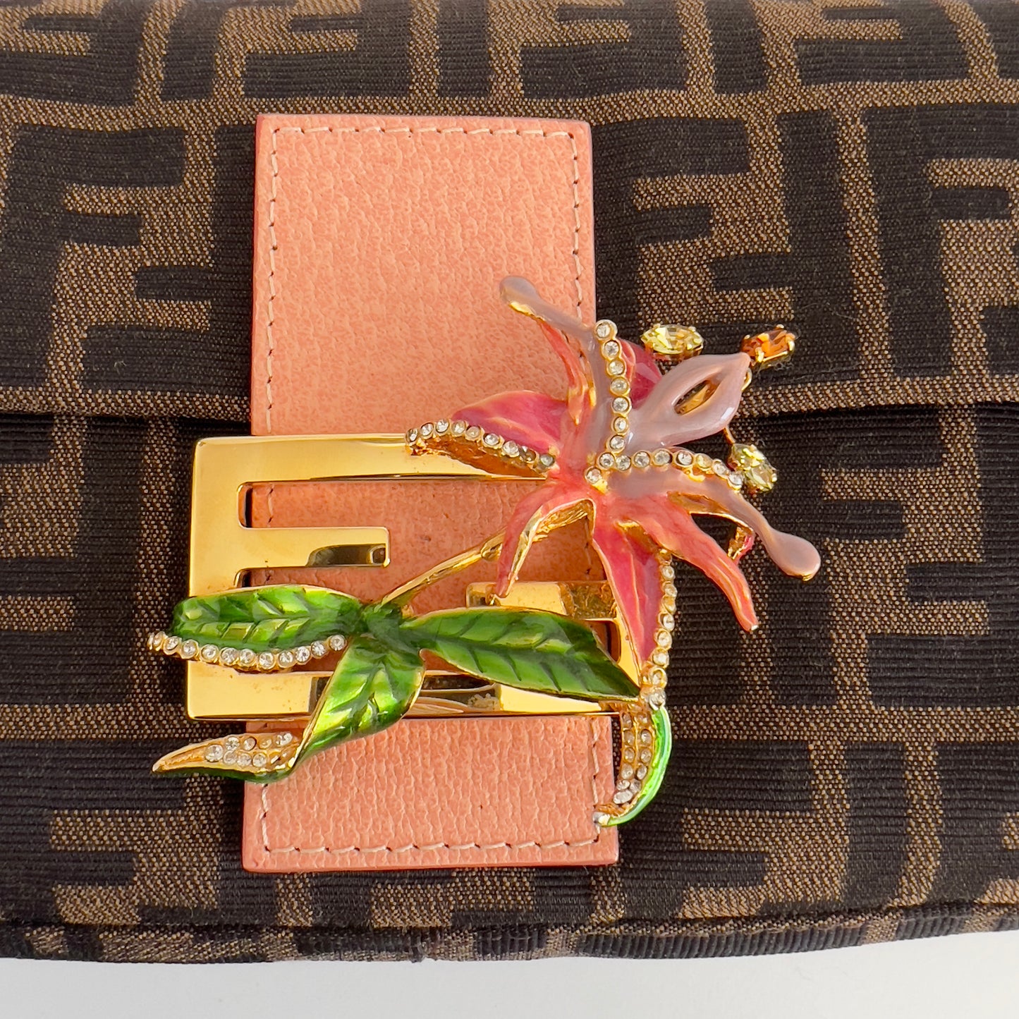 Vintage Fendi Enamel Flower Buckle Zucca Baguette