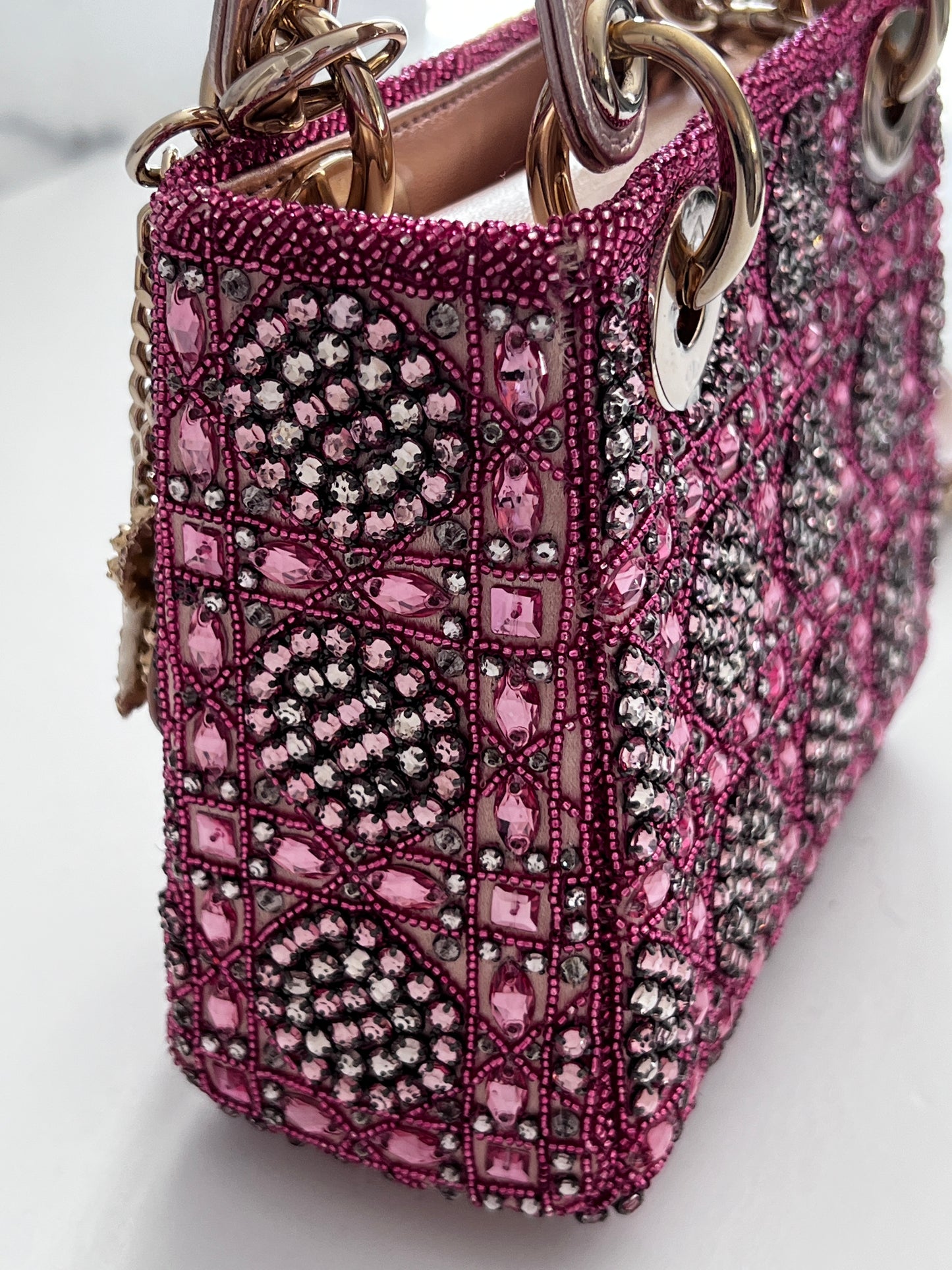 Pre-loved Mini Lady Dior Bag
Metallic Lambskin and Rose des Vents Satin Embroidered with Beads
