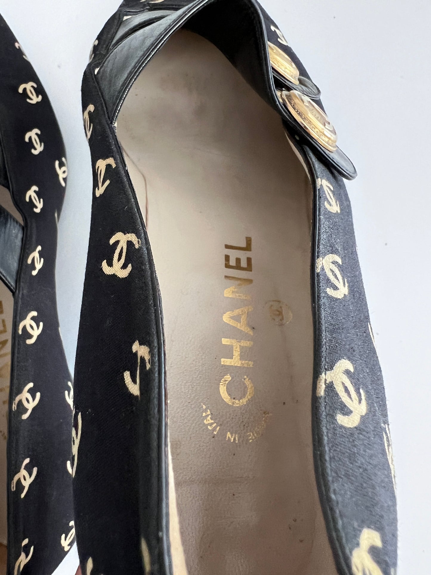 Vintage Chanel canvas logo flap shoes