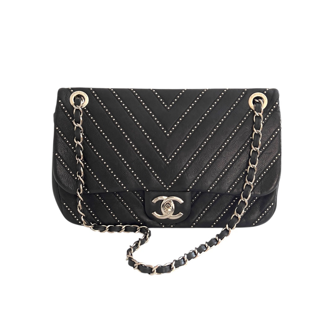 Chanel Calfskin Studded Chevron Medium Stud Wars Flap Black