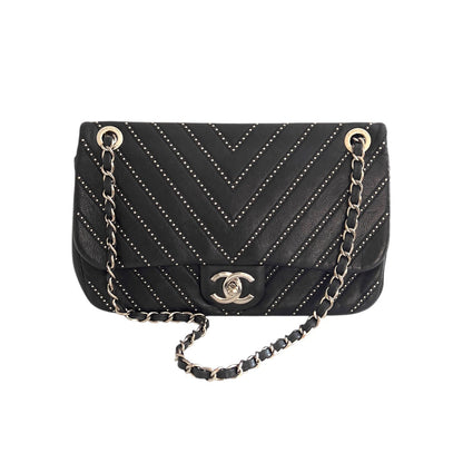 Chanel Calfskin Studded Chevron Medium Stud Wars Flap Black