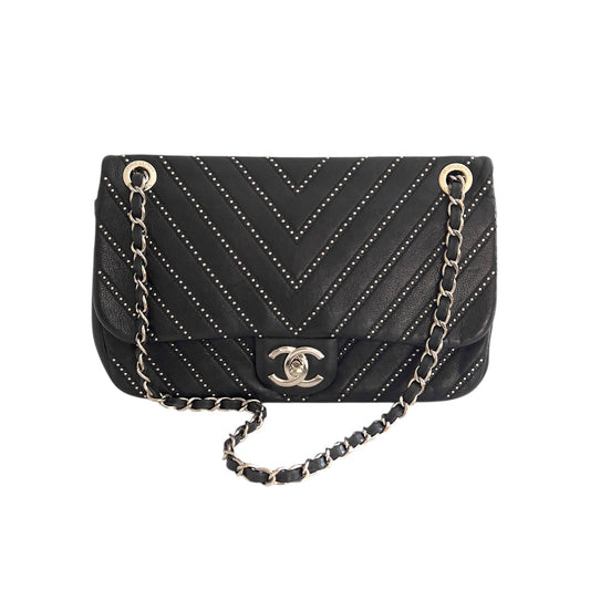 Chanel Calfskin Studded Chevron Medium Stud Wars Flap Black