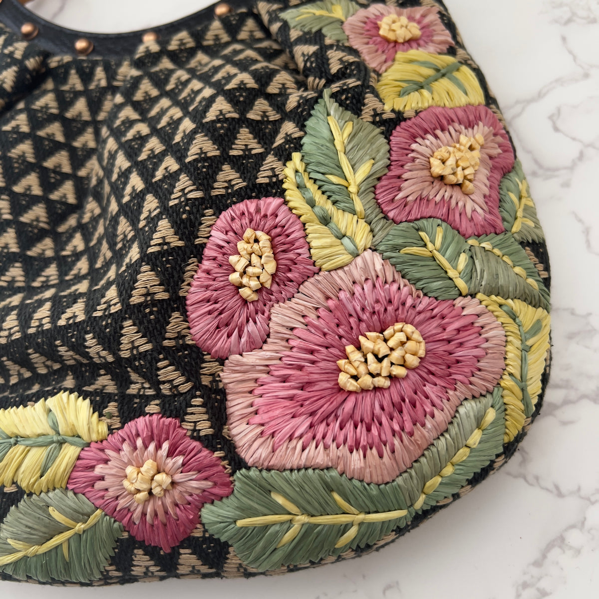 Vintage Gucci Small Bamboo Handle Floral Raffia Embroidered Hobo Bag