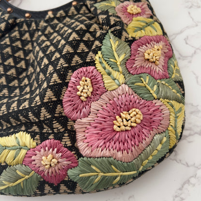 Vintage Gucci Small Bamboo Handle Floral Raffia Embroidered Hobo Bag