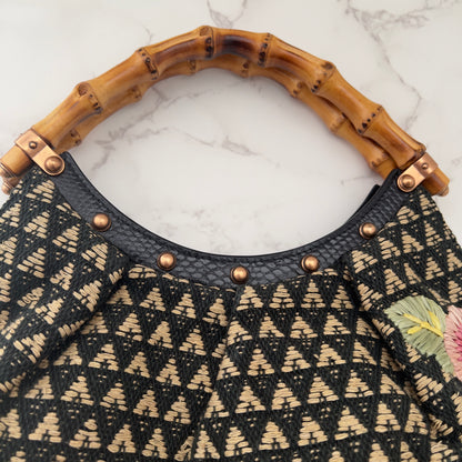 Vintage Gucci Small Bamboo Handle Floral Raffia Embroidered Hobo Bag
