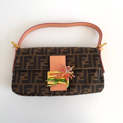 Vintage Fendi Enamel Flower Buckle Zucca Baguette