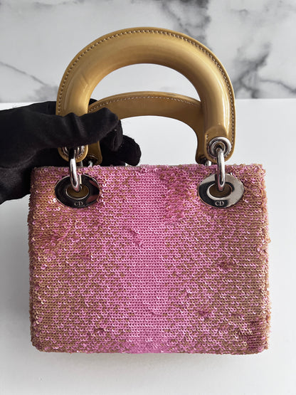 Dior pink sequin mini lady dior bag