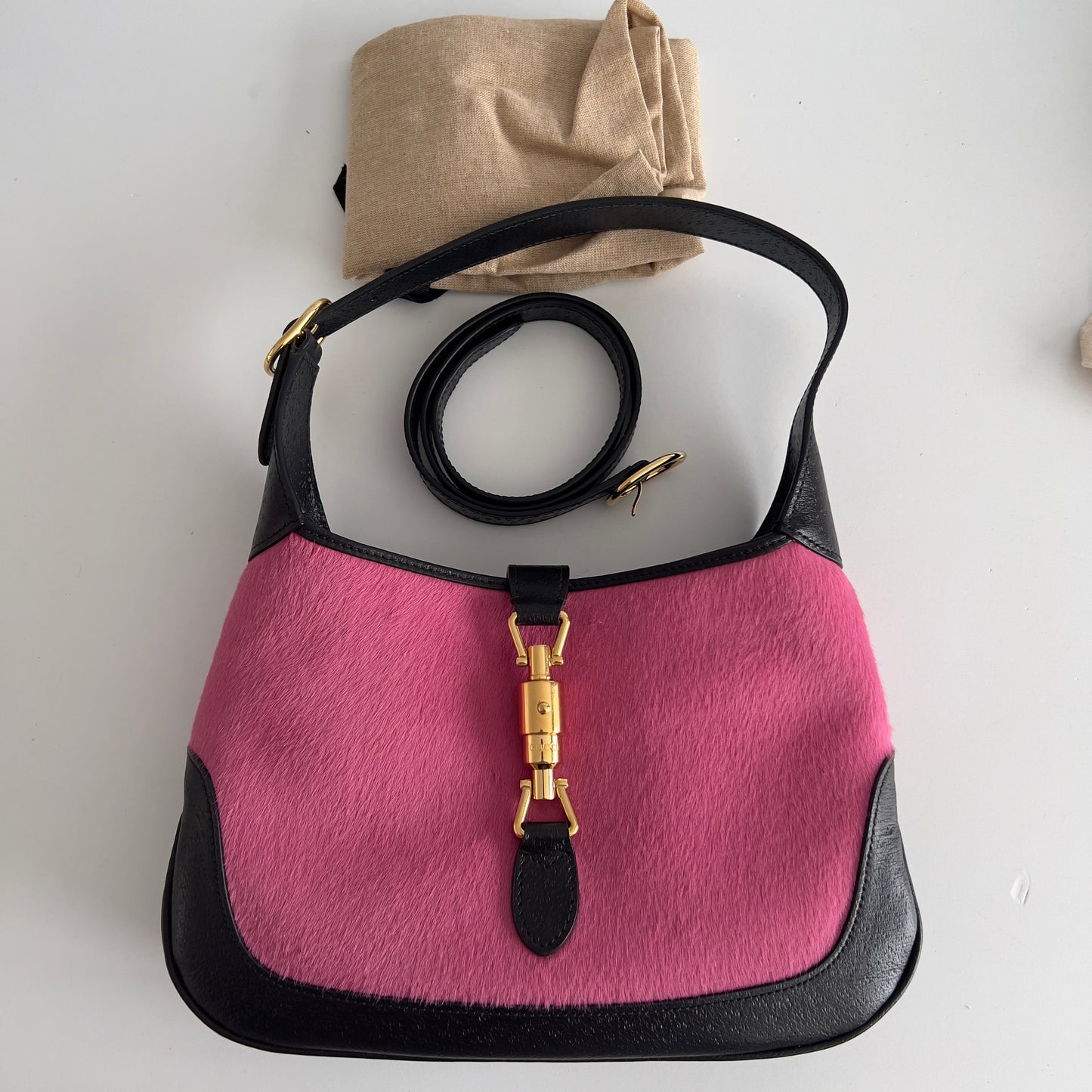Gucci Calf Hair Dollar Calfskin Jackie 1961 Hobo Pink Black Small Size