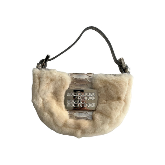 Fendi Chinchilla fur rhinestone buckle silver python skin trimmed croissant bag