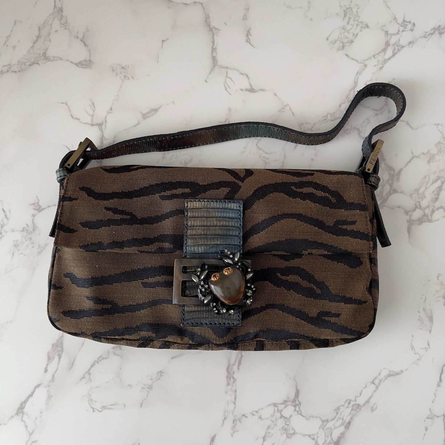 Vintage Fendi Zebra Print Crab buckle baguette