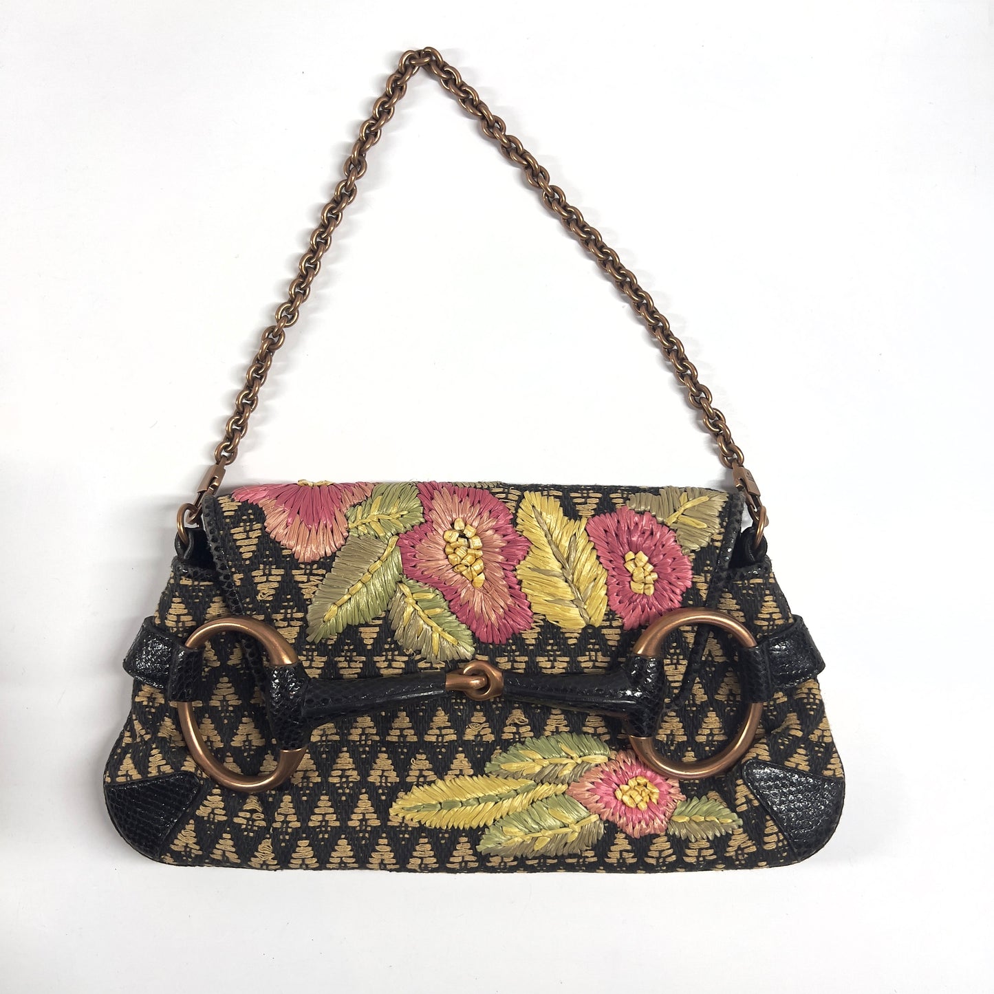 Vintage Tom Ford GUCCI Raffia Embroidered Horsebit Chain Bag