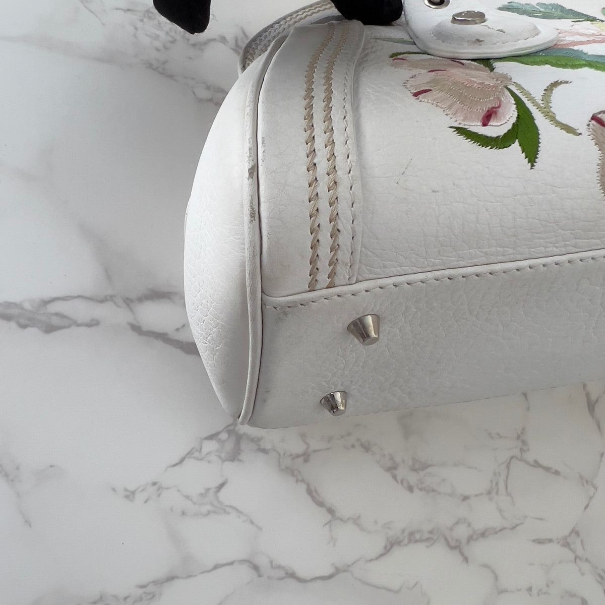 Vintage Christian Dior 2005 Floral Embroidered Detective Bowler Bag – White
