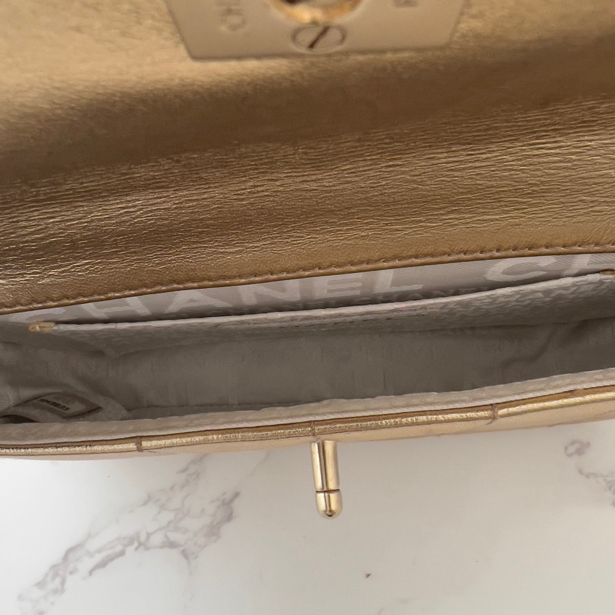 Vintage Chanel 2005 Metallic Gold Chocolate Bar Quilted Triple Chain Mini Flap Bag