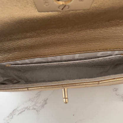 Vintage Chanel 2005 Metallic Gold Chocolate Bar Quilted Triple Chain Mini Flap Bag