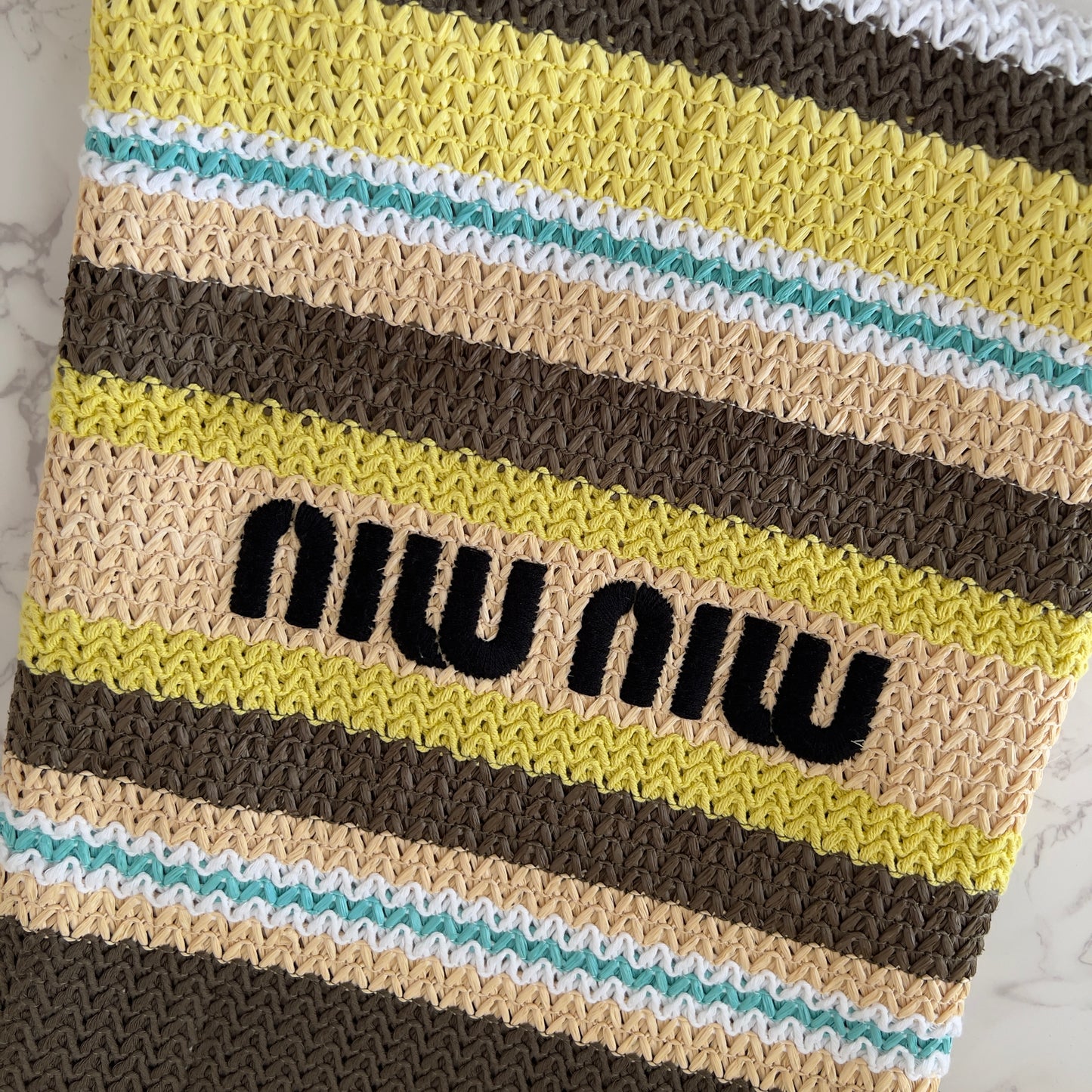 Miumiu Raffia Crochet Stripe Vertical Tote Bag Tundra Limone Natural