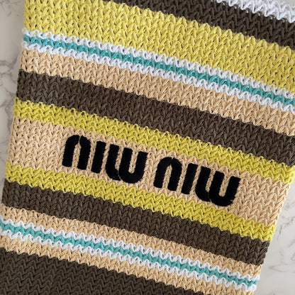 Miumiu Raffia Crochet Stripe Vertical Tote Bag Tundra Limone Natural