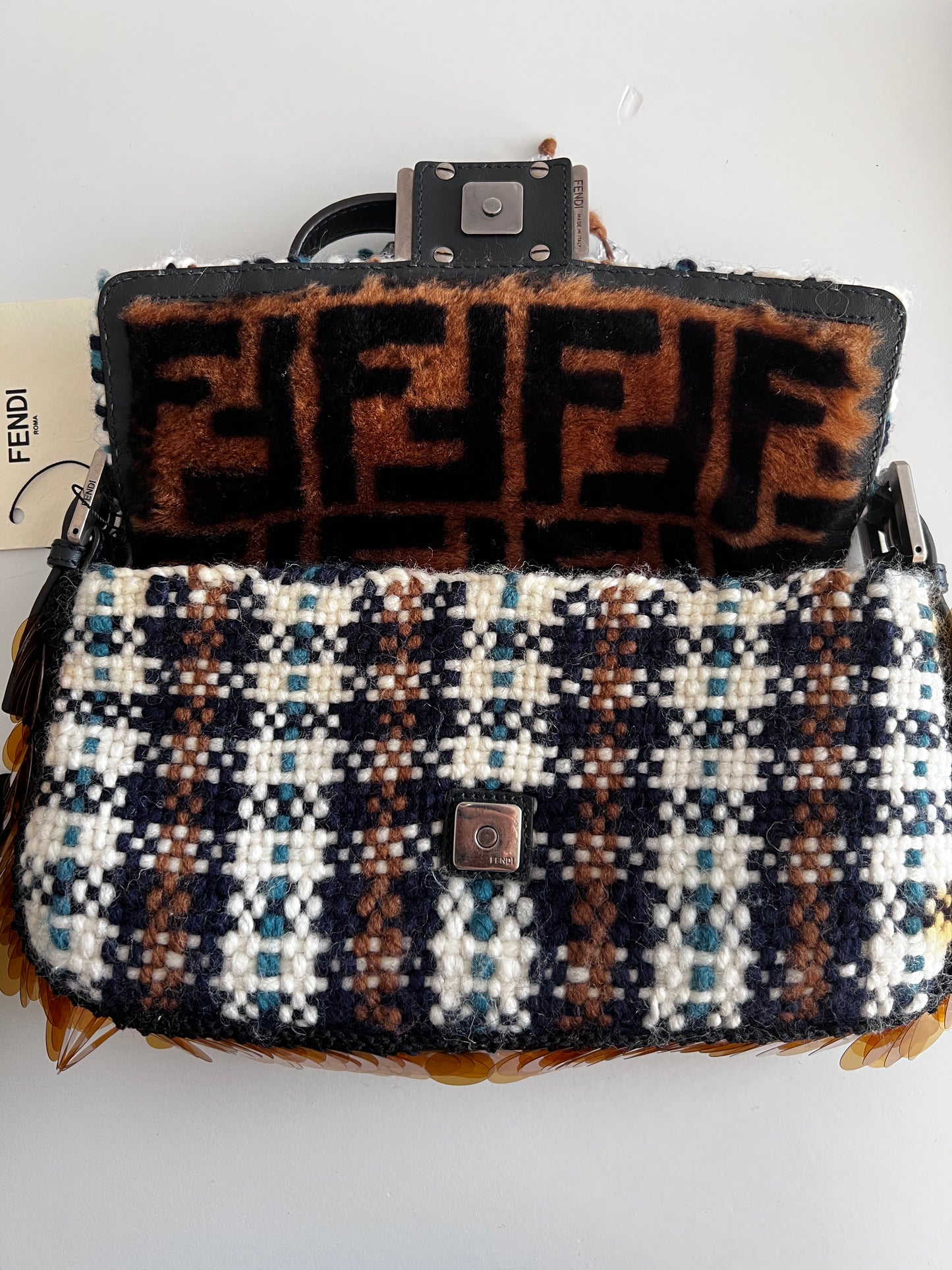 NWT! Fendi selleria plaid tweed shearling baguette