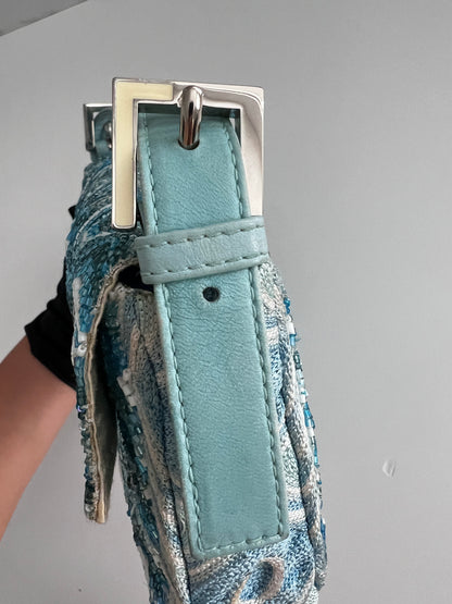 Fendi light blue wave pattern beaded baguette